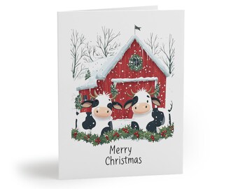 Christmas Greeting Cards, Cow Holiday Note Cards, Farm Animal Xmas Card Set, Cute Barn Christmas Cards, Farm Life  Holiday Stationery Set