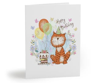 Op de afbeelding: Verjaardagskaart met een cartoonkat met een feesthoedje, oranje en witte strepen en een taart. De kaart heeft ballonnen en de tekst "Happy Birthday".