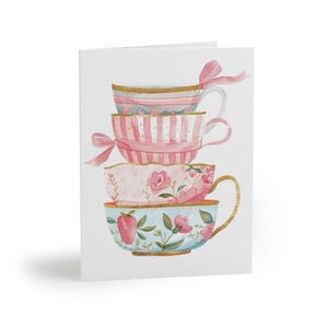 Cartão de felicitações com xícaras de chá, conjunto de cartões para a hora do chá, conjunto de cartões decorativos, cartões de felicitações divertidos, cartões em branco divertidos