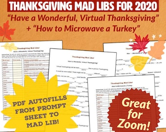 Virtual Thanksgiving Mad Libs - Ideal for Zoom + Videochat - Printable PDF or Fillable PDF to Screenshare - Thanksgiving Zoom Party