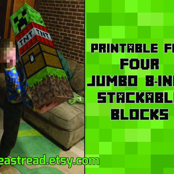 Jumbo 8-inch Pixel Mine-Style Blocks 4-PACK - Printable Block Faces for FOUR Different Stackable Blocks (Just Add Cardboard Boxes!)