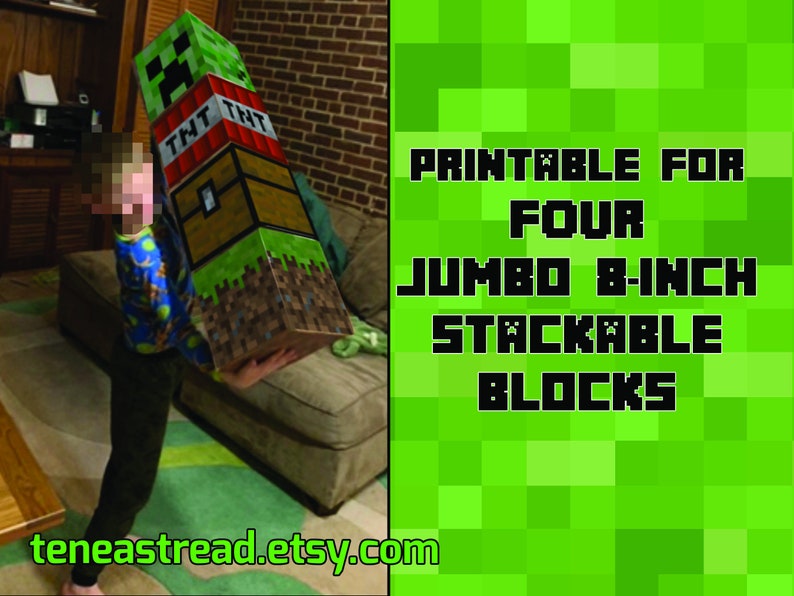 Jumbo 8-inch Pixel Mine-Style Blocks 4-PACK Printable Block Faces for FOUR Different Stackable Blocks Just Add Cardboard Boxes image 1