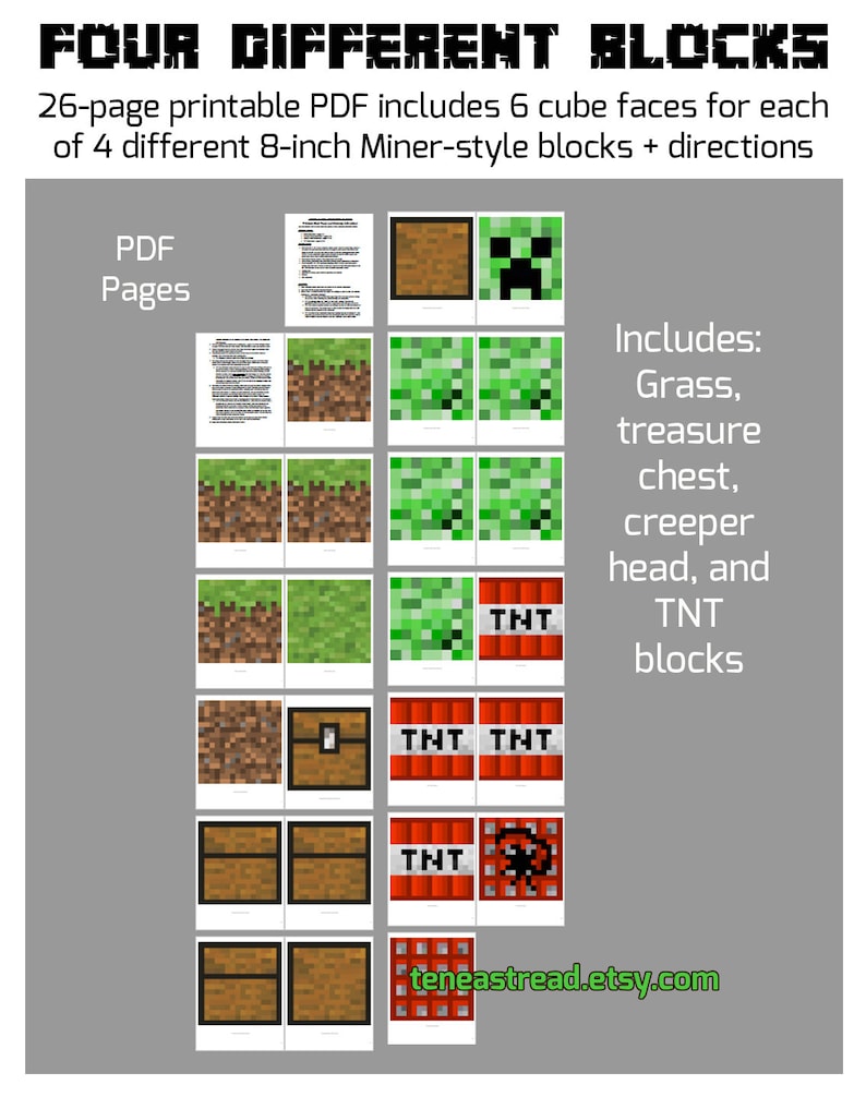 Jumbo 8-inch Pixel Mine-Style Blocks 4-PACK Printable Block Faces for FOUR Different Stackable Blocks Just Add Cardboard Boxes image 3