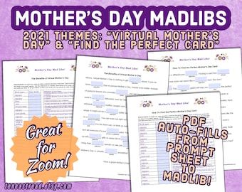 Mother's Day Mad Libs for 2021 - Ideal for Zoom + Videochat - Printable PDF or Fillable PDF to Screenshare - Virtual Mother's Day Zoom Party