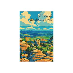 Ansichtkaart, vintage reisbriefkaart, El Torcal de Antequera Cartoonkunst, op fotografie geïnspireerd ontwerp, souvenirkaarten, retropost