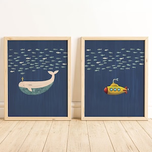 Decorazione murale con balena e sottomarino giallo – Decorazione per cameretta stampabile con avventure nell'oceano – Set di stampe digitali