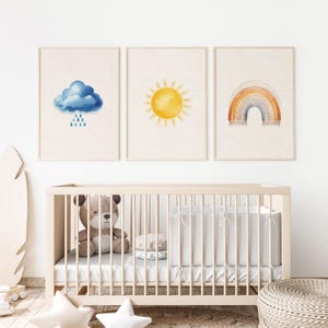 Sanftes Aquarell-Wetter-Set - Sanfte Kinderzimmer-Drucke für ruhige Babyzimmer - Wolke, Sonne & Regenbogen
