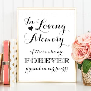 May include: A white framed sign with black text that reads "In Loving Memory of those who are FOREVER present in our hearts." The sign is sitting on a white surface with a pink flower arrangement and gold decorative items.