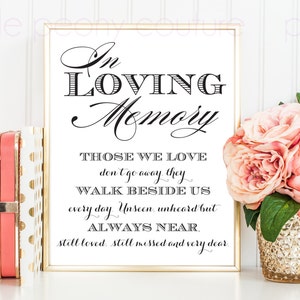 May include: A black and white printable sign with the text "In Loving Memory" and a quote about those we love walking beside us every day. The sign is framed in a gold frame and is sitting on a white surface with a gold pear and pink and gold boxes.