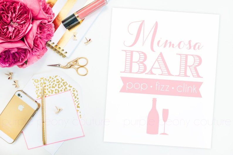 Mimosa Bar Sign Poster Blush Pink Bridal Shower Baby Decoration Brunch Pop Fizz Clink Wedding Champagne image 1