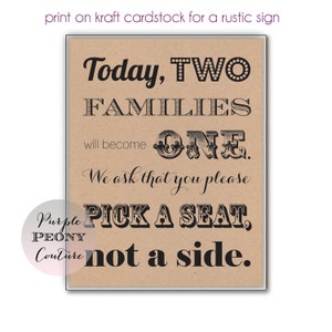 Pick a Seat Not a Side Printable Wedding Sign Decoration DIY Decor INSTANT DOWNLOAD 8x10 pdf image 3