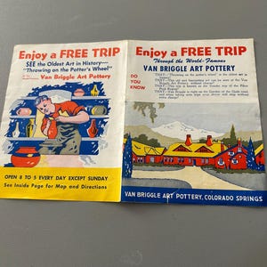 May include: A vintage brochure for Van Briggle Art Pottery, featuring colorful illustrations. The brochure's cover has text that reads "Enjoy a FREE TRIP" and "See the Oldest Art in History - Throwing on the Potter's Wheel". The brochure is open, displaying additional text and illustrations.