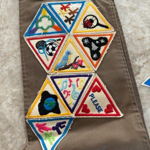 May include: Brown sash with embroidered patches. Patches include a soccer ball, a blue bird, musical notes, and the word "PLEASE". A green and gold star-shaped pin is also visible.