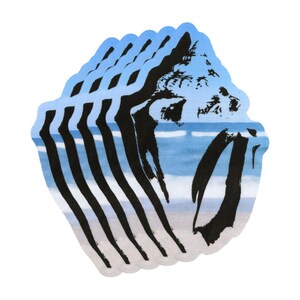 May include: A die-cut sticker featuring a repeating, layered graphic of a seashell silhouette. The design incorporates a coastal scene with horizontal bands of light blue, white, and sandy beige, overlaid with bold, black, ink-style brush strokes.