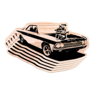 May include: A black and white illustration of a classic muscle car with a large engine. The car is depicted with a detailed engine and a stylized motion effect, suggesting speed. The design is layered, giving a 3D effect.