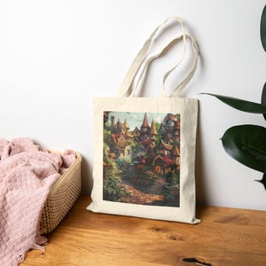 Fairytale Village Tote Bag | Eco-Friendly Shopping Bag, Sustainable Gift, Everyday Tote, Art-Inspired Canvas Bag, Daily Essential