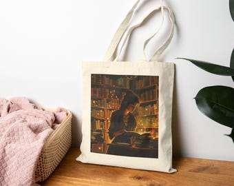 May include: Cream-colored tote bag featuring a detailed illustration of a person reading in a library. The image shows a person sitting at a table surrounded by books, with soft lighting and a warm color palette. The bag has long handles.