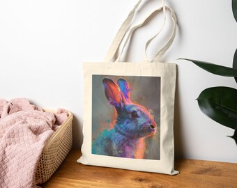 Peut inclure: Un sac fourre-tout crème avec une représentation artistique vibrante d'un lapin. Le lapin est représenté avec une palette colorée de bleus, de violets et d'oranges, créant un effet visuel saisissant. Le sac a des anses solides.