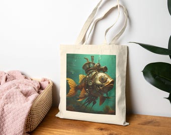 Aquatic Steampunk Tote Bag, Eco-Friendly Bag, Stylish Shopping Bag, Unique Gift for Fish Lovers, Art Tote, Everyday Use, Daily Essential