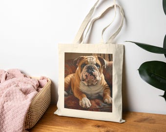May include: A beige tote bag featuring a detailed painting of a brown and white English Bulldog lying on a patterned couch. The dog has a wrinkled face and is looking forward. The bag has long, cream-colored handles.
