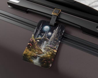 May include: Luggage tag featuring a fantasy landscape with a waterfall, flowers, and two moons in a night sky. The tag is rectangular with a black strap and gold buckle. The tag is attached to a dark gray suitcase.