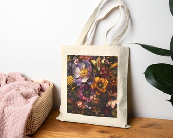 Fantasy Florals Tote Bag, Eco-Friendly Shopping Bag, Gift for Her, Nature Lover's Tote, Artful Grocery Bag, Boho Style Tote, Daily Essential