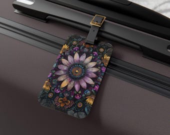 Etiqueta de equipaje con diseño de mandalas de jardín: accesorio de viaje colorido, regalo personalizado para viajeros, etiqueta de identificación con estampado de flores, decoración inspiradora para viajeros.