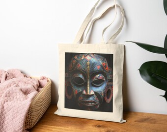 Tribal Medley Mask Tote Bag - Unique Art Bag, Eco-Friendly Shopping Tote, Bohemian Style, Gifts for Art Lovers, Market Bag, Daily Essential