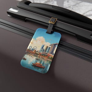 Singapore Landmarks Luggage Tag with Scenic Skyline, Travel Accessory, Customizable Bag Tag, Personalized Travel Gift, Vacation Essentials