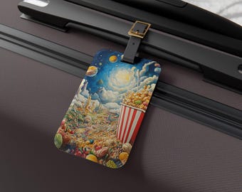 Popcorn Planet-bagagelabel, uniek reisaccessoire, leuk cadeau voor reizigers, astronautthema, schattige bagage-ID, essentieel voor op reis