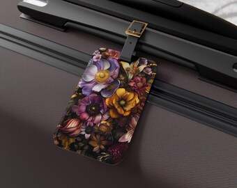 Etiqueta de equipaje con diseño floral de fantasía: accesorio de viaje personalizado, aventura de verano, diseños florales, regalo para viajeros, artículos esenciales para vacaciones