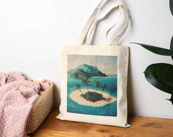May include: A cream-coloured tote bag displaying a tropical island scene. The artwork shows a small island with palm trees, set against turquoise water and a mountain. The bag has a natural, off-white colour and long handles.