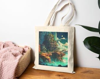 May include: A beige tote bag featuring a colorful illustration of a fantasy landscape. The artwork depicts a towering structure on a cliffside overlooking a turquoise sea, with a full moon in the sky. The bag has long handles.