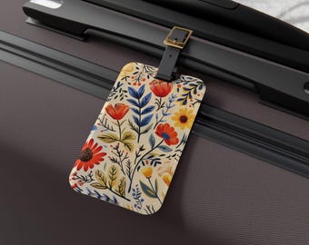 Etiqueta de equipaje con motivos florales de arte popular / Elegante accesorio de viaje, regalo para viajeros, etiqueta personalizada, imprescindible para vacaciones, imprescindible para viajes de verano