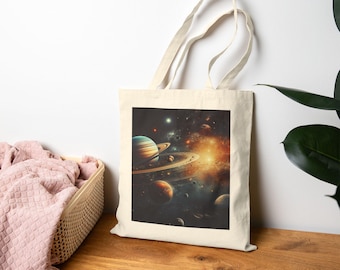May include: A beige tote bag featuring a vibrant space-themed illustration. The artwork depicts planets, rings, and nebulae in shades of blue, orange, and yellow. The bag has a rectangular design and long handles.