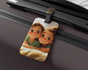 Etiqueta de equipaje para niños con lazos entre hermanos, bonita etiqueta de viaje para niños, accesorio de vacaciones, regalo de viaje familiar, etiqueta esencial para maletas infantiles