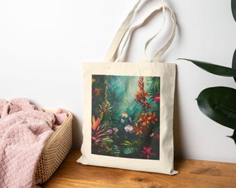 Rainforest Blooms Tote Bag, Eco-Friendly Grocery Bag, Beach Bag, Shopping Tote, Gift for Plant Lovers, Daily Essential, Canvas Tote Bag