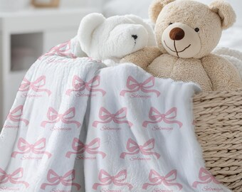 Cobertor de bebê personalizado com laço rosa, presente de chá de bebê, presente para recém-nascido, cobertor com nome personalizado para meninas, cobertor macio para bebê
