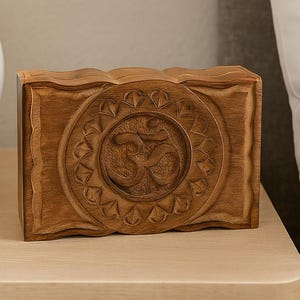 Hand-Carved Wooden Om Box: Spiritual Keepsake Storage, Boho Decor