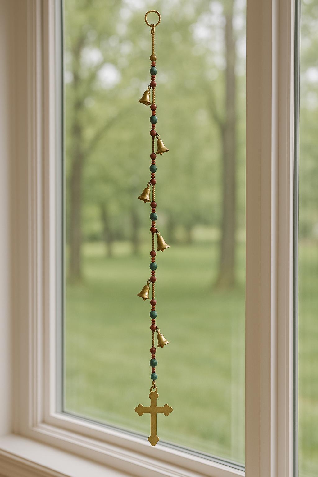 Beaded Hanging Cross with Bells: Rustic Car Mirror & Home Decor
