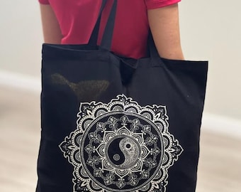 Black Tie Dye Yin Yang Lotus Tote Bag, 18&quot;x18&quot; Canvas Shoulder Bag, Spiritual Boho Reusable Grocery Bag, Eco-Friendly Tote, Summer Tote