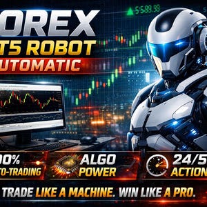 Può includere: Un'immagine futuristica che promuove il trading Forex. Presenta una figura robotica, uno schermo di computer che mostra grafici finanziari e il testo "FOREX MT5 ROBOT AUTOMATIC". Ulteriore testo evidenzia l'auto-trading, la potenza Algo e l'azione 24/5.