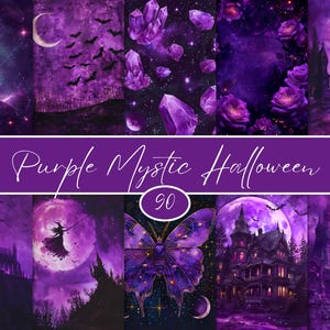May include: A collage of purple-themed Halloween art. The images include a black cat, bats, crystals, roses, castles, a witch, a butterfly, and a haunted house. The text "Purple Mystic Halloween" is displayed across the center.