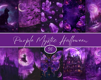 May include: A collage of purple-themed Halloween art. The images include a black cat, bats, crystals, roses, castles, a witch, a butterfly, and a haunted house. The text "Purple Mystic Halloween" is displayed across the center.