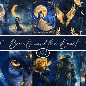 May include: A collection of watercolor illustrations with a 'Beauty and the Beast' theme. The images feature scenes with a castle, characters, and a golden rose against a dark blue starry background. The text "Beauty and the Beast" is displayed.
