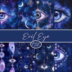 Può includere: Un collage di arte digitale con molteplici illustrazioni ad acquerello di occhi, piume, lune e motivi celesti. La tavolozza dei colori è dominata da blu profondi, viola e accenti dorati, con il testo "Evil Eye" e il numero "132" sovrapposti su uno striscione blu scuro.