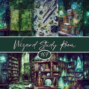 May include: A digital art collage featuring a wizard's study room. The image showcases various scenes with bookshelves, potions, and magical artifacts. The text "Wizard Study Room" is displayed, along with the number "107". The color palette is dominated by greens and blues.