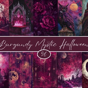 May include: A collection of burgundy-toned digital art prints with a mystic Halloween theme. The images feature gothic architecture, roses, an owl, a robed figure, moons, and celestial elements. The text "Burgundy Mystic Halloween" is displayed.
