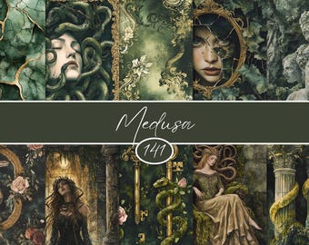 Paquete de papel digital Medusa en acuarela: Collage de mitología griega (JPG, 30,5 x 30,5 cm, 300 DPI)