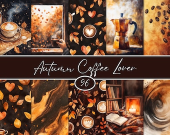 May include: A collage of watercolor paintings with an autumn coffee theme. Images include coffee cups, coffee beans, fall leaves, hearts, and a coffee maker. The text "Autumn Coffee Lover" is displayed.